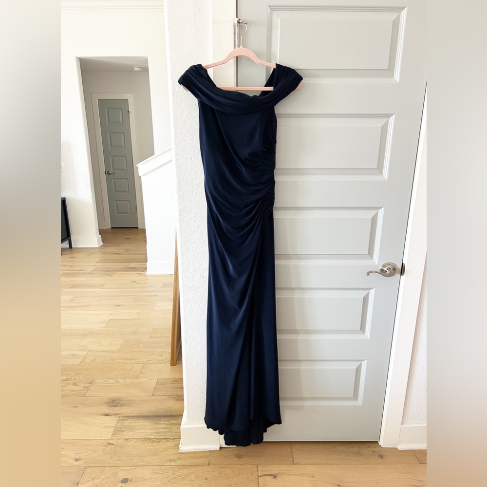 New Ieena Mac Duggal Jersey Off Shoulder Navy Gown 26517 - Picture 3 of 6